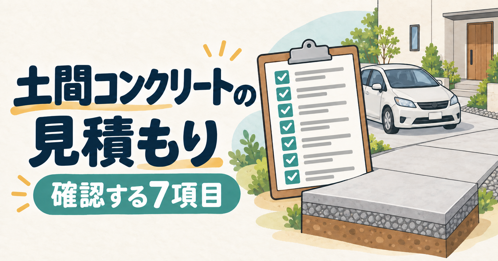 土間コンクリートの見積書と駐車場を描いたイラスト