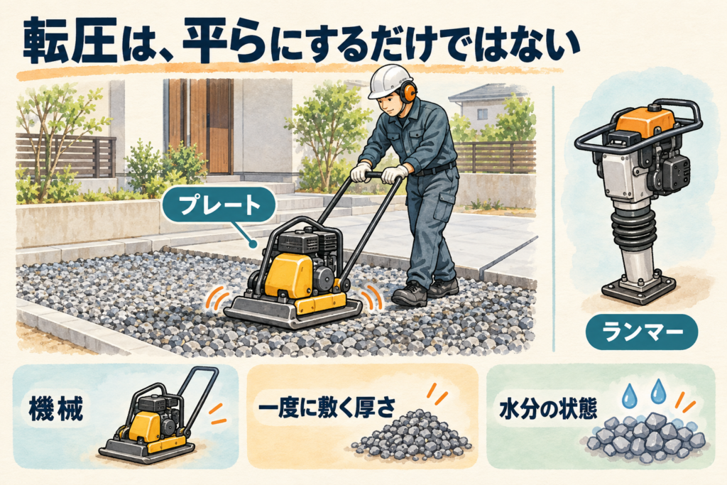 プレートで砕石を転圧する作業員と、ランマーを示したイラスト