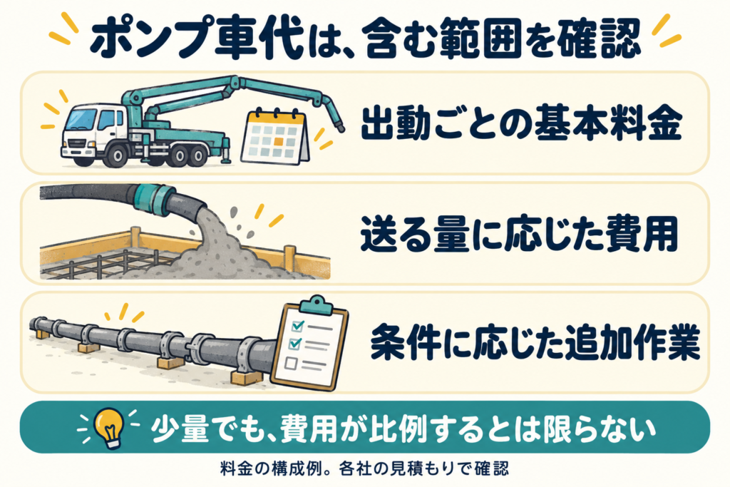ポンプ車の費用は、出動ごとの基本料金・送る量に応じた費用・条件に応じた追加作業に分かれることを示す図