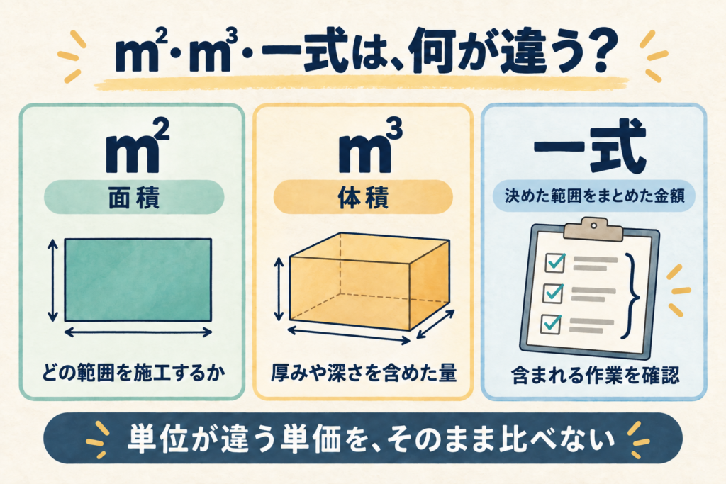 ㎡は面積、㎥は体積、一式は決めた作業範囲をまとめた金額を表す図