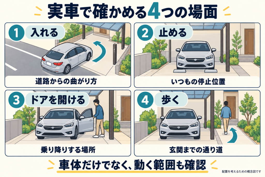 車を入れる・止める・ドアを開ける・玄関まで歩くの4場面で、カーポートの柱位置を確認する図