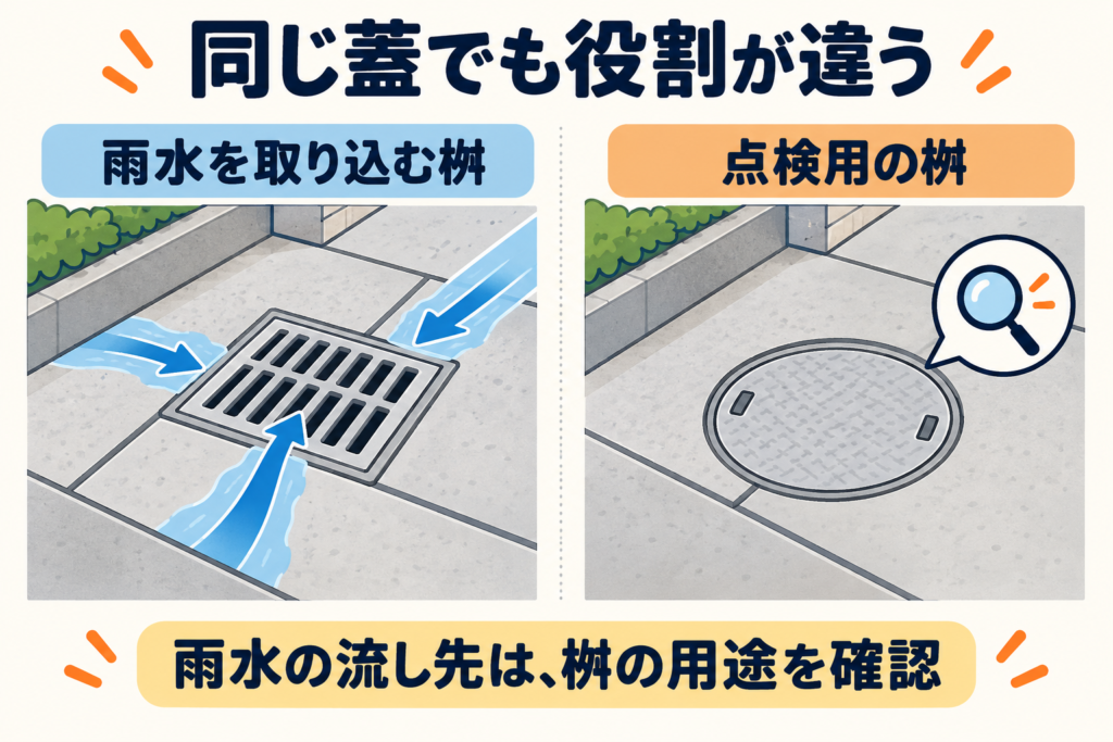 雨水を取り込む格子状の桝の蓋と、点検用の丸い桝の蓋を比べた図