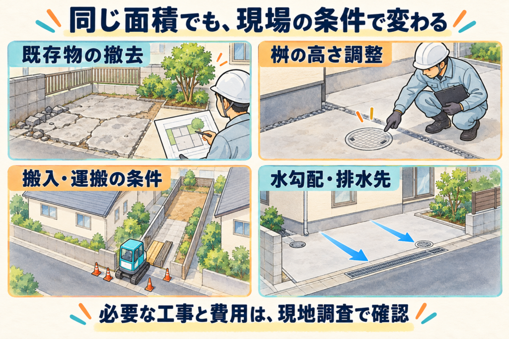 既存物の撤去、桝の高さ調整、搬入・運搬の条件、水勾配と排水先によって工事内容が変わることを示した図