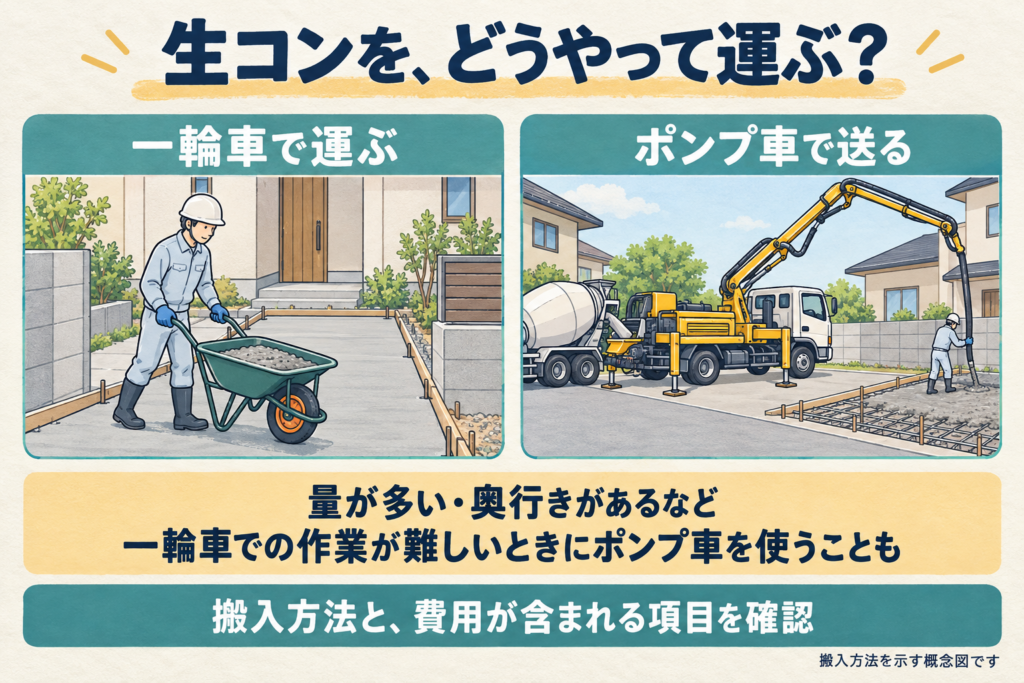 一輪車で生コンを運ぶ方法と、ポンプ車で施工場所へ送る方法を比較した概念図