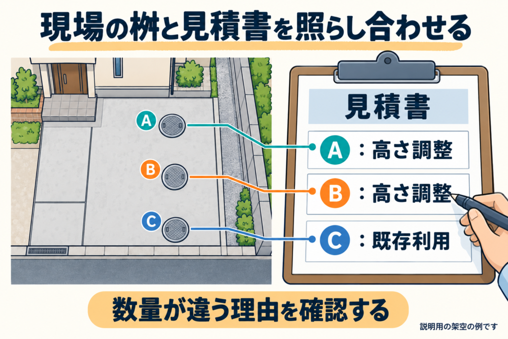 現場の桝の位置と見積書の項目を照らし合わせる様子を示した図
