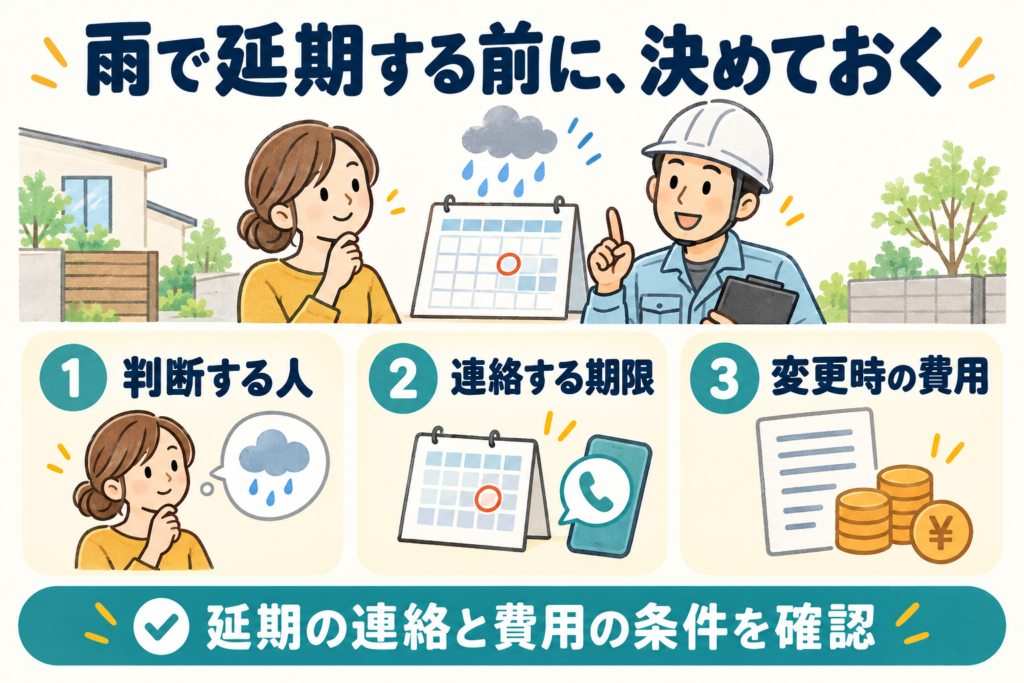 雨で延期する前に、判断する人・連絡する期限・変更時の費用を決めておくことを示す図