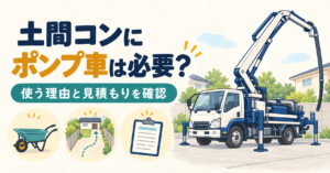 土間コンクリートにポンプ車は必要かを考えるイラスト（ポンプ車・一輪車・通路・見積書）