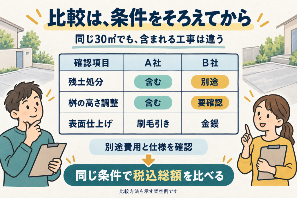 残土処分・桝の高さ調整・表面仕上げについて、A社とB社の見積もり条件を比較する架空例
