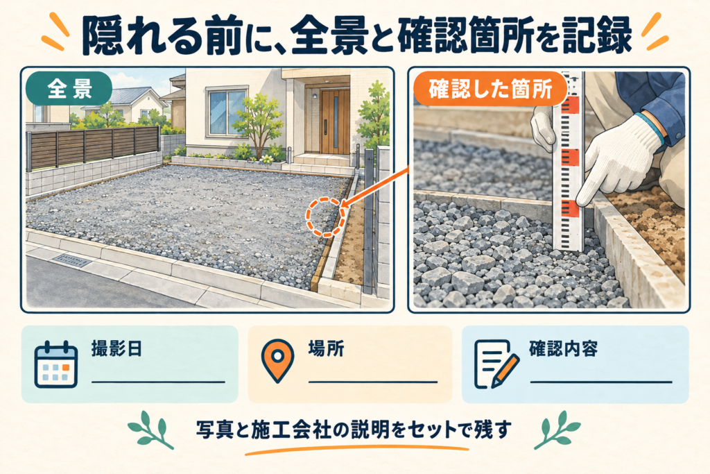 コンクリートで隠れる前に、全景と厚さを確認した箇所を写真で記録する例