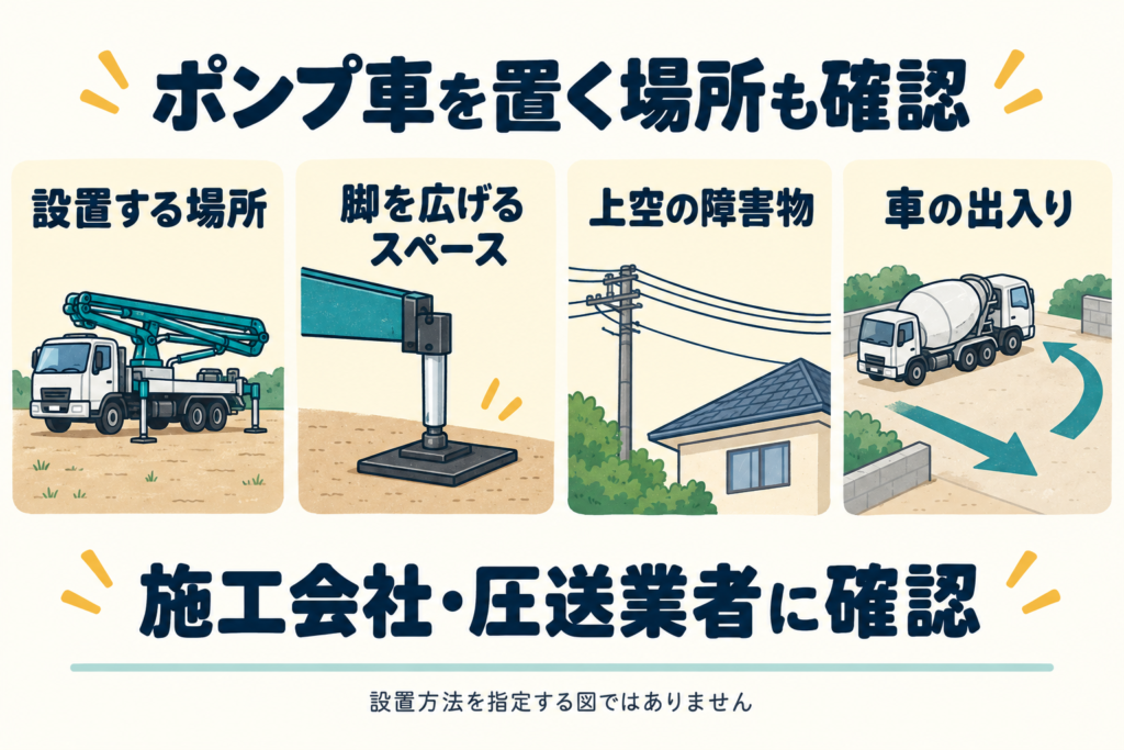 ポンプ車の設置場所、脚を広げるスペース、上空の電線、生コン車の出入りを確認する図