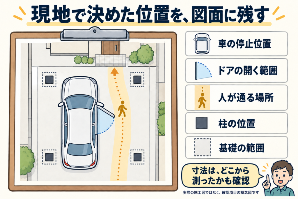 車の停止位置・ドアの開く範囲・人の通路・柱と基礎の範囲を図面に書き込んだ例