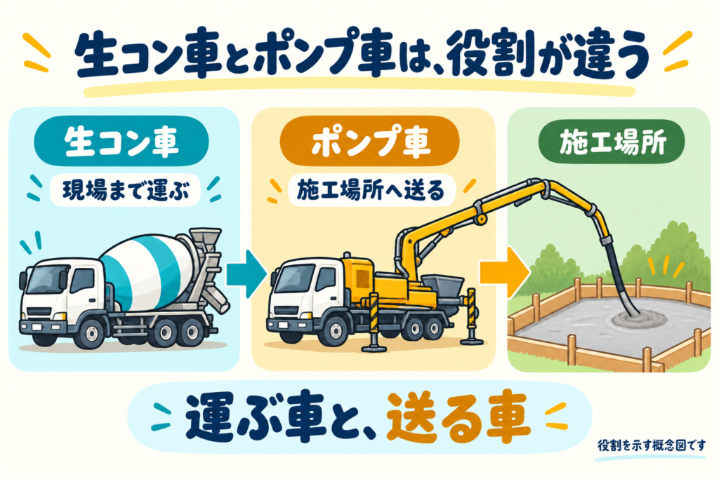 生コン車は現場まで運び、ポンプ車は施工場所へ送るという役割の違いを示す図