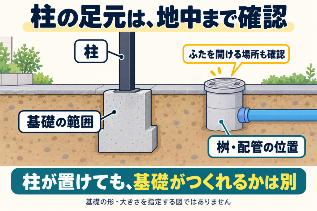 カーポートの柱の基礎と、近くの桝・配管の位置関係を示す断面図