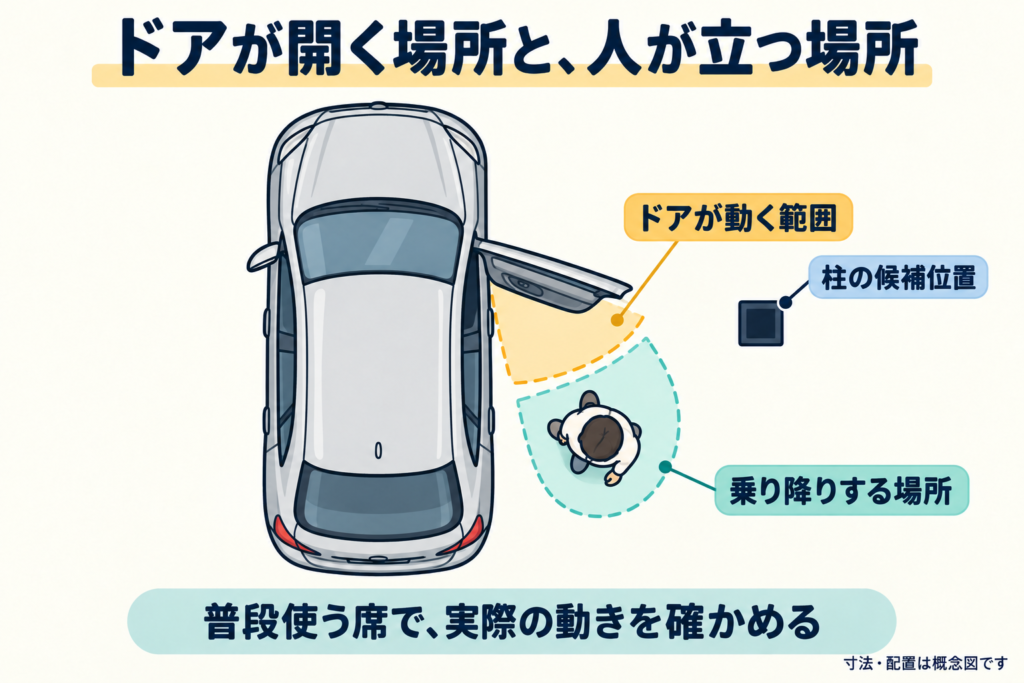 車のドアが動く範囲と乗り降りする場所、柱の候補位置の関係を示す図