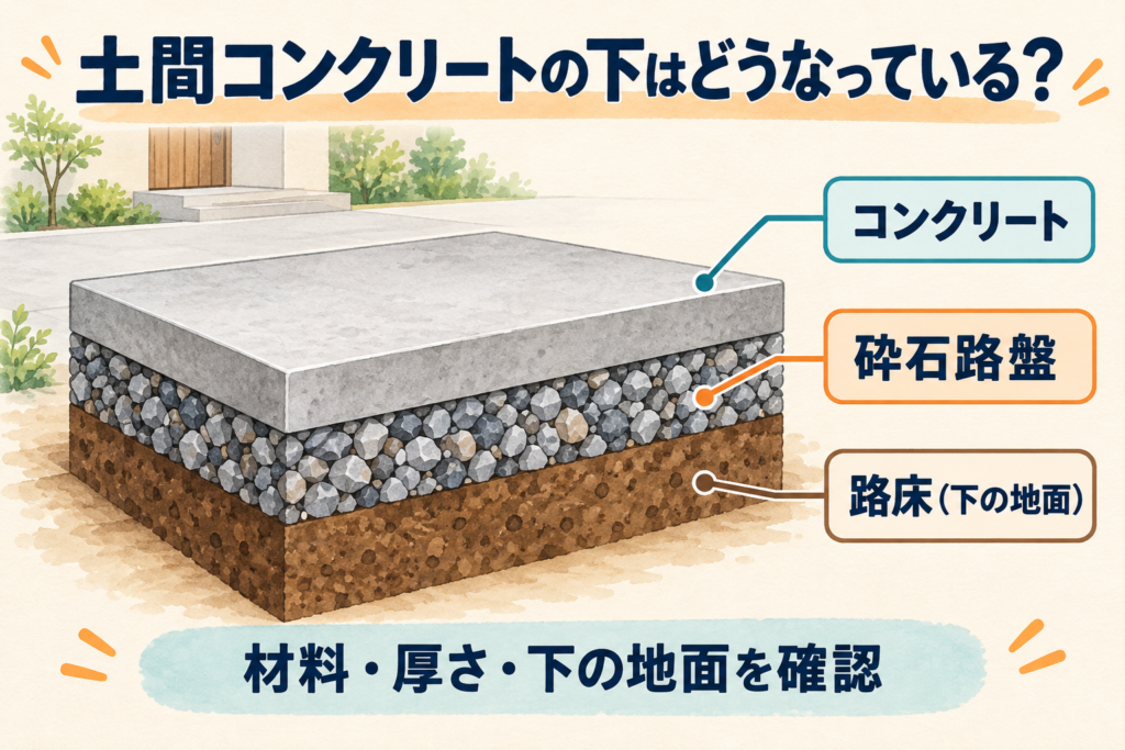 土間コンクリートの下にある砕石路盤と路床（下の地面）を示した断面図