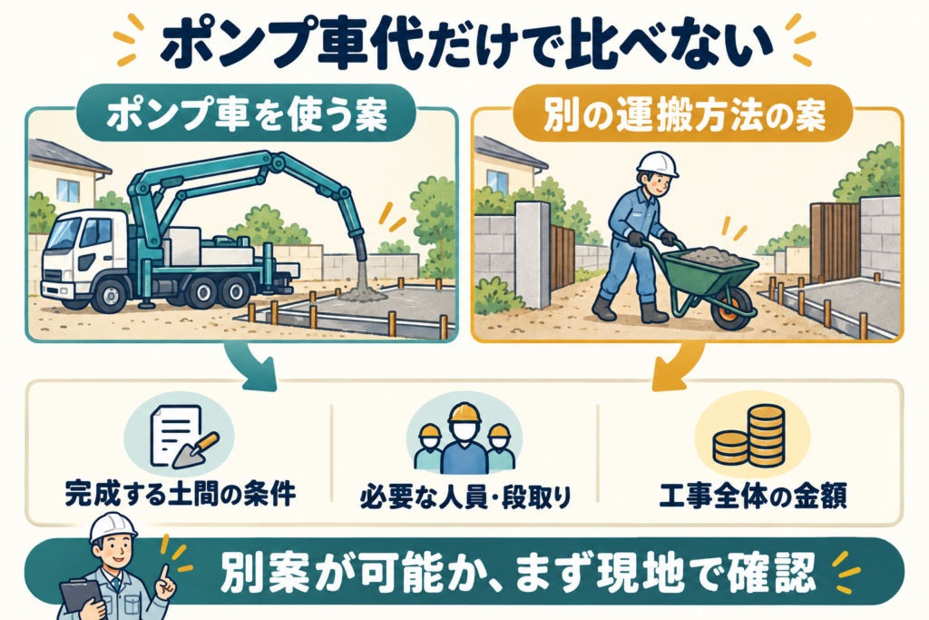 ポンプ車を使う案と別の運搬方法の案を、完成する土間の条件・人員・工事全体の金額で比べる図