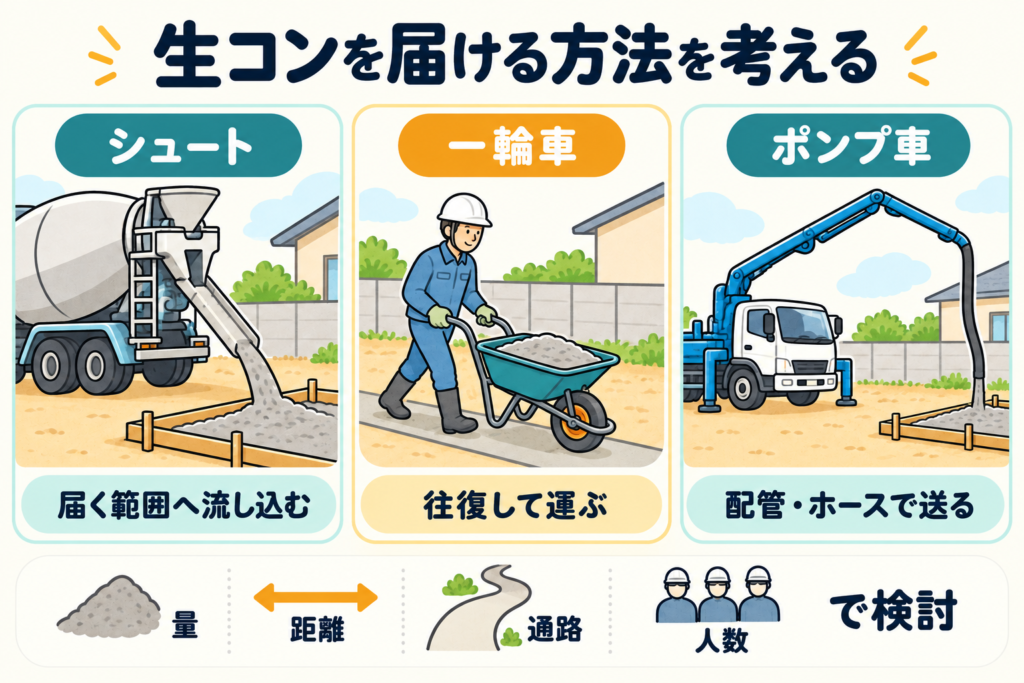 生コンを届ける方法として、シュート・一輪車・ポンプ車を比べた図