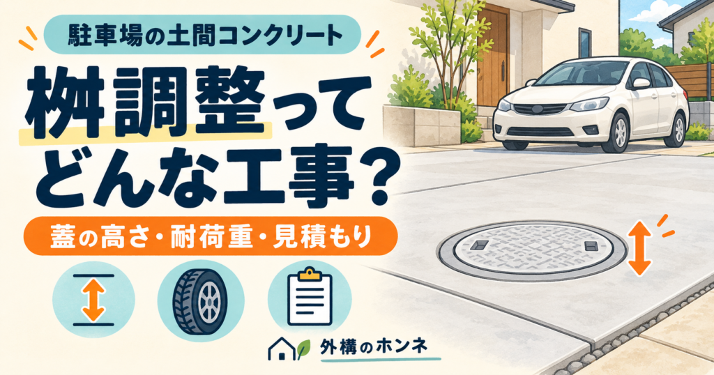 駐車場の土間コンクリートにある桝の蓋と、高さ調整を表したイラスト